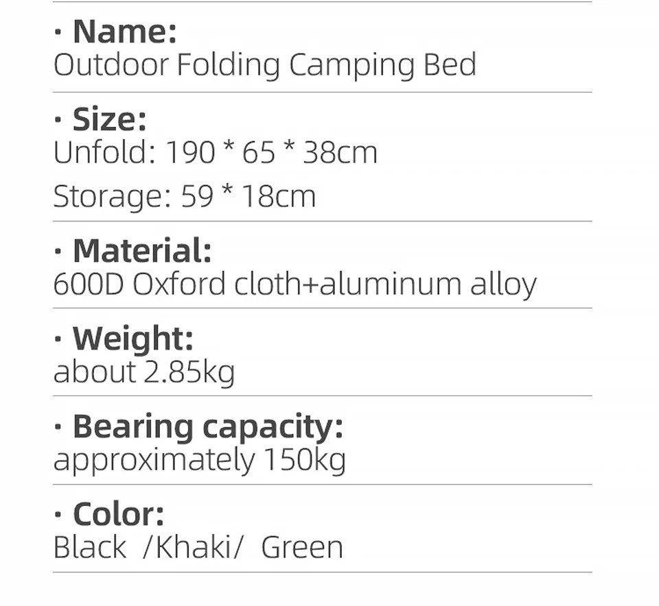 Beach Camp Portable Camping Cot Lightweight Collapsible Sleeping Bed Tourist Hiking Backpacking Folding Tent Bed Outdoor Single Bed