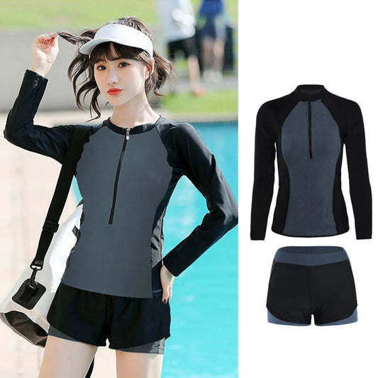 Beach Camp Rash Guard Women Long Sleeve Swimsuit Fashionable Sun  Crewneck Quick Dry Two Piece Sports Bathing Suit Two Piece Swimsuit Set