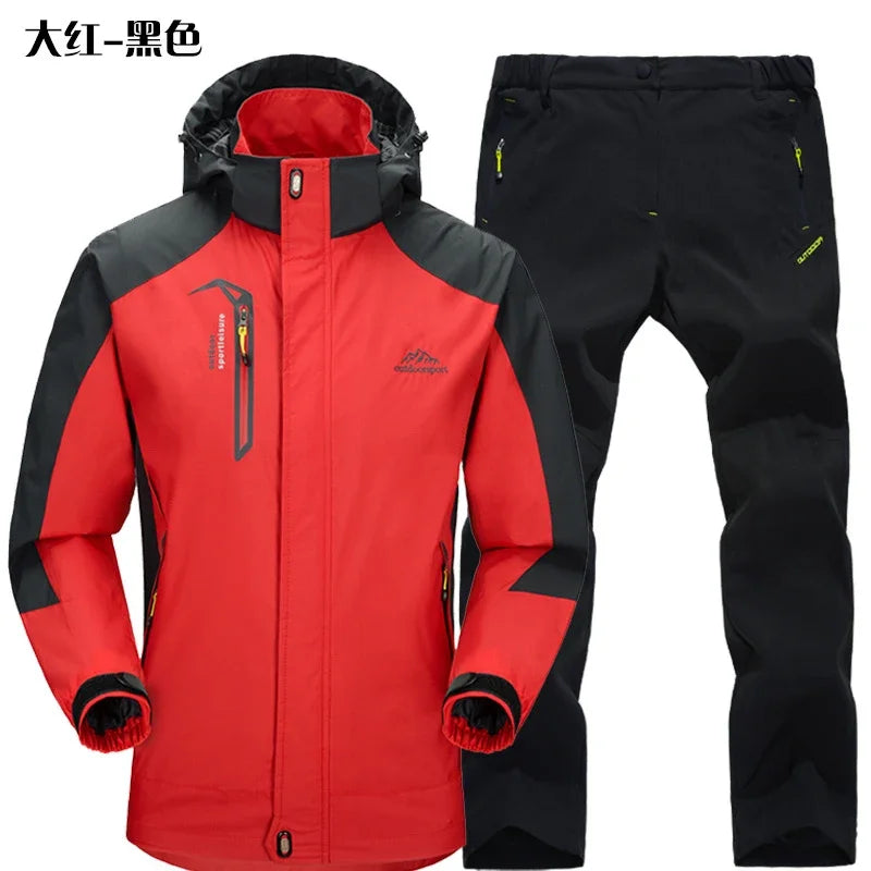 Beach Camp Outdoor Jacket Pants Sets Men Fleece Thermal Waterproof Windproof Hooded Jackets Hiking Military Trip Mountain Camping Clothes