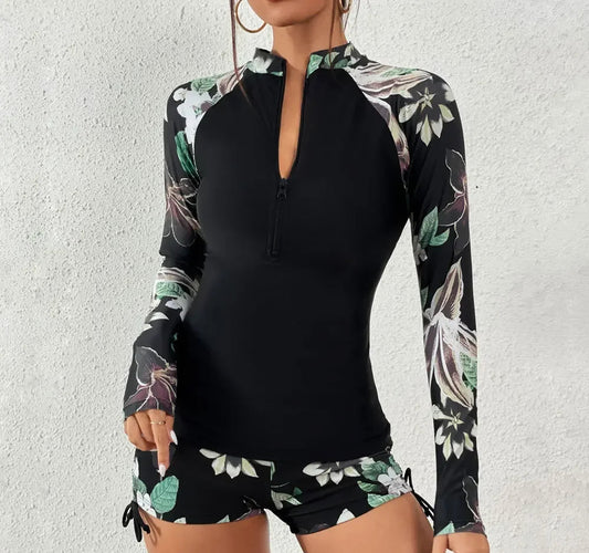 Beach Camp Female Swimsuit/Rash Guard with Long Sleeves Swimwear Sports Surfing Tankini Set Beachwear Two-Piece Bathing Suits Pool Women Swimming Suit