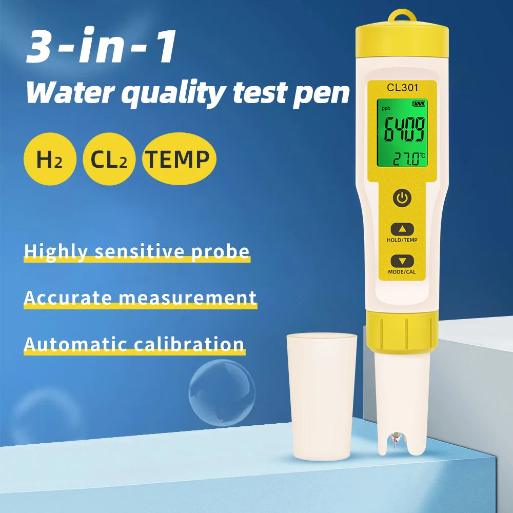 Beach Camp 5 in 1 Chlorine Meter PH/CL2/H2/ORP/Temperature Meter Water Quality Tester for Pools Drinking Water Aquarium Aquaculture