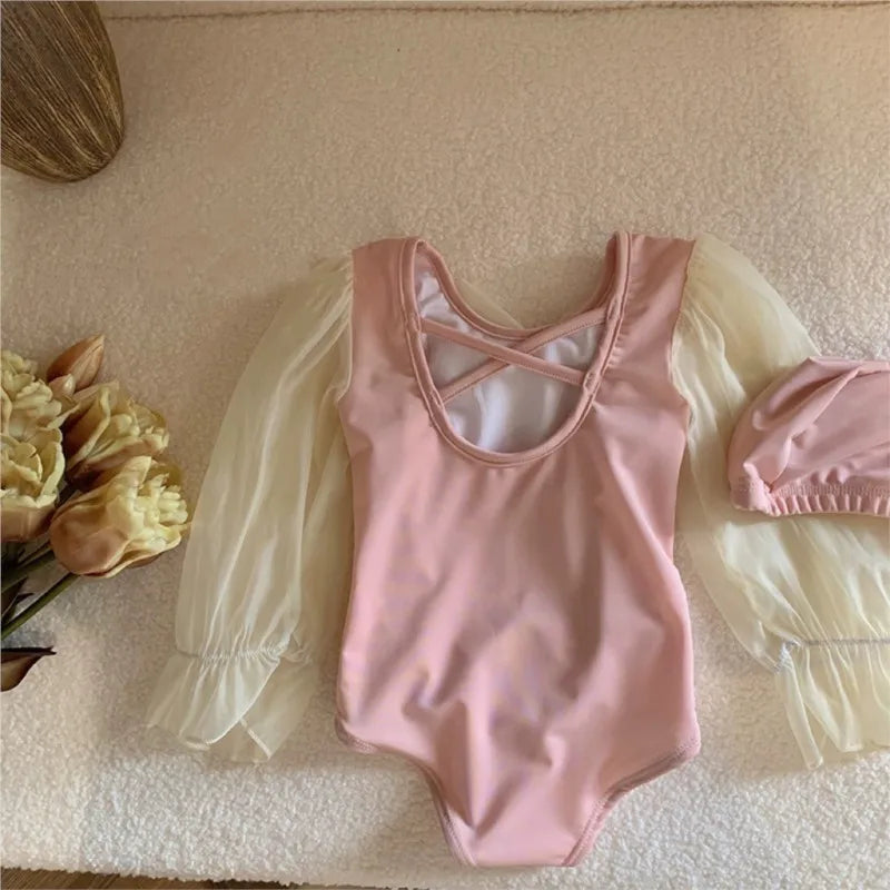Beach Camp Baby Girl Swimsuit Infant Toddler Child Swimwear Cap 2PCS Puff Sleeve Swimsuit Bow Gauze Bathing Suit Baby Clothes 1-10Y