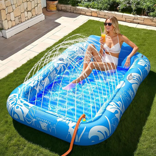 Beach Camp Inflatable Tanning Pool Lounger Float with Sprinkler, 77" x 48" Pool Floats Adult with Pillow, 6 in 1 Suntan Tub Raft Floatie