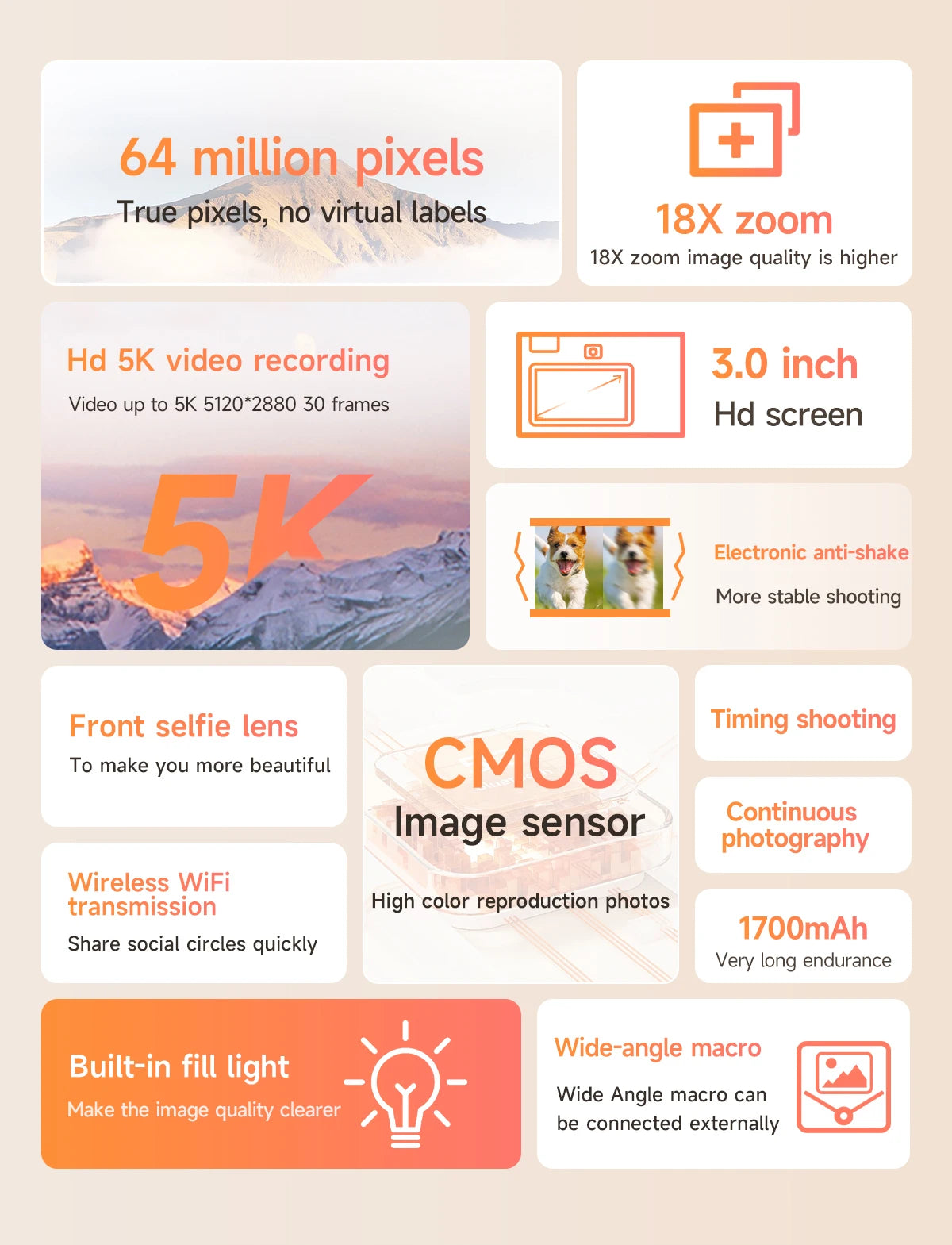 Beach Camp5K Professional Digital Camera WIFI Webcam Wide Angle Digital Zoom 64MP Camcorder Photography 3 Inch Screen Vlog Video Recorder