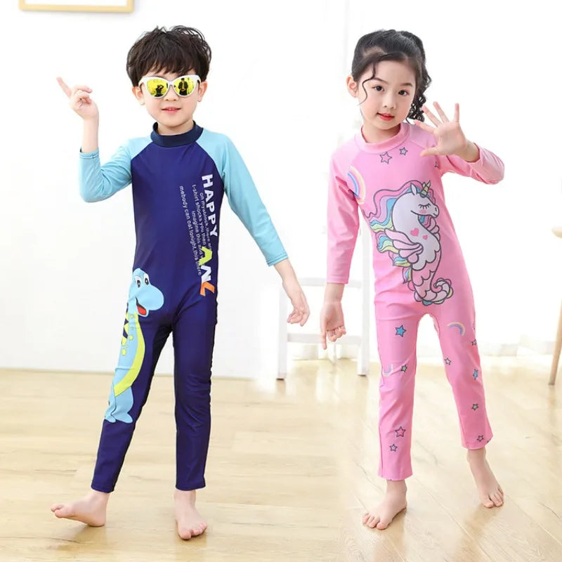 Beach Camp Children's Swimsuit Bathing Suits for Boys and Girls One-piece Swimsuit Cartoon Long Sleeved Beachwear Jumpsuit Surfing Suit