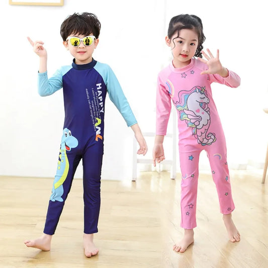 Beach Camp Children's Swimsuit Bathing Suits for Boys and Girls One-piece Swimsuit Cartoon Long Sleeved Beachwear Jumpsuit Surfing Suit