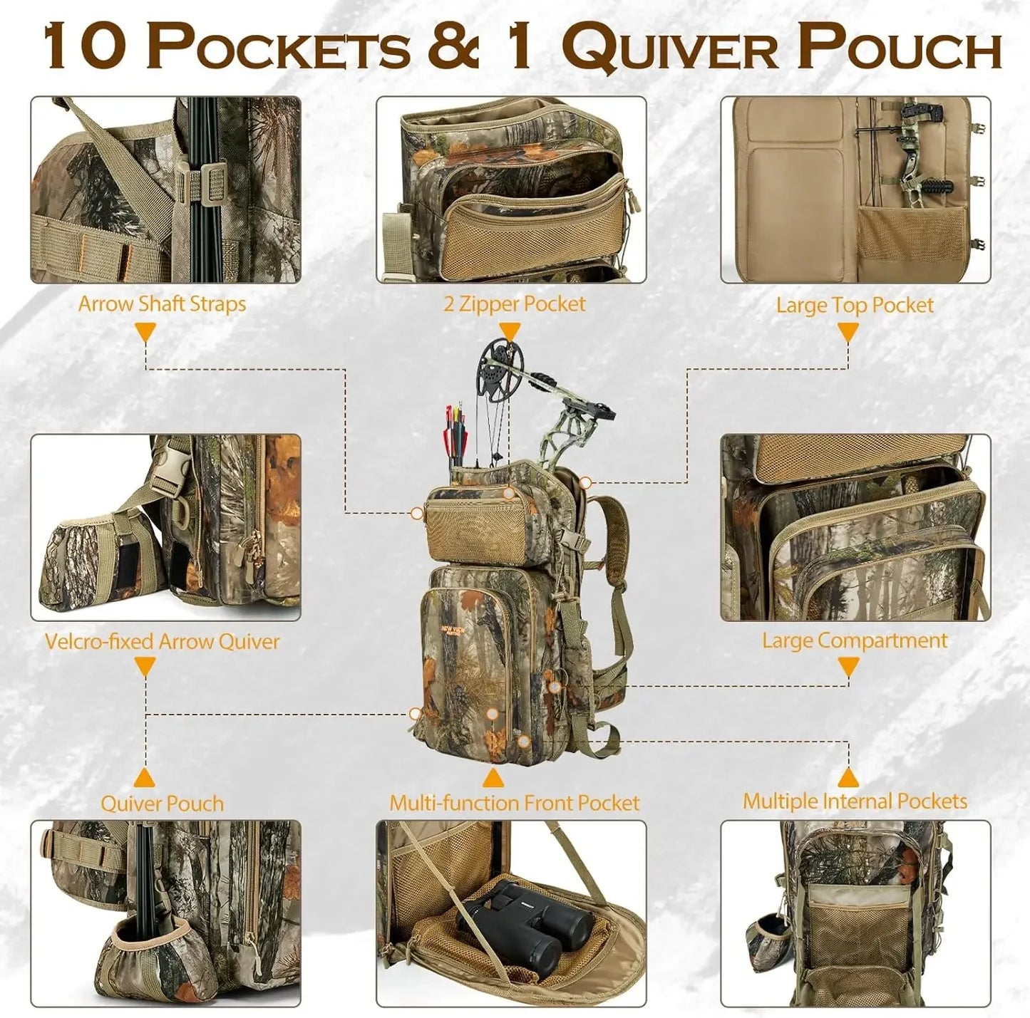 Beach Camp Bow Hunting Backpack for Men, Camo Compound Bag & Tree Saddle Back Pack with Bow Holder, for Elk Turkey Bear Deer