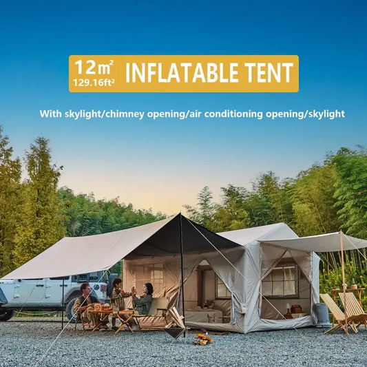 Beach Camp 129SqFt Large Inflatable Tent for Camping, blow up Tents with Canopy, Inflatable House Tent with Stove Jack,4 Season Glamping Tent