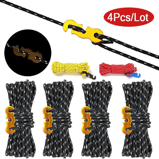 4Pcs Outdoor Guy Lines Tent Cords Reflective Camping Rope with Aluminum Guylines Adjuster Tensioner Pouch for Tent Tarp Canopy