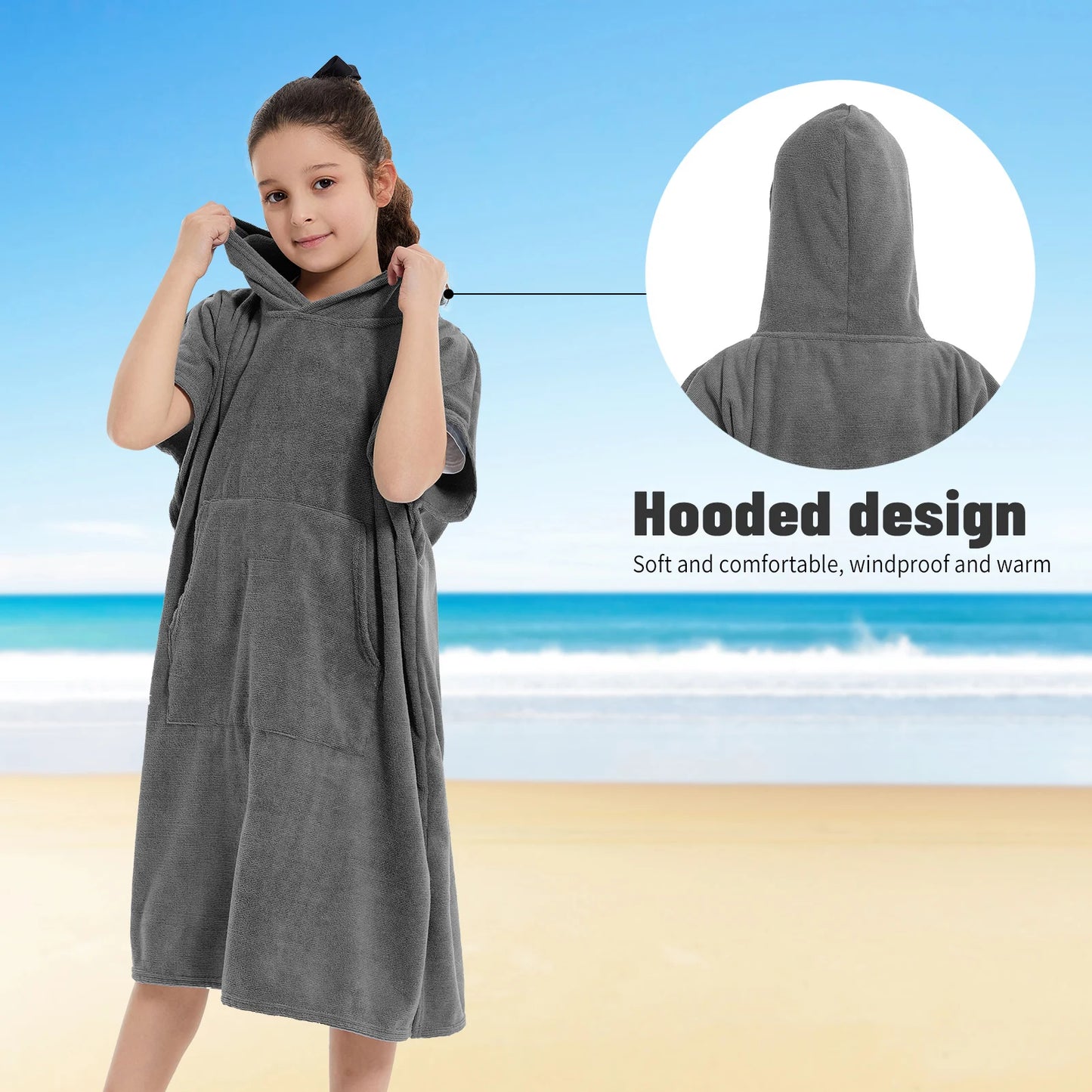 Beach Camp Kids Bath Hooded Changing Towel Robe, Swimming Robe Surf Beach Poncho, Quick Dry Absorbent Surf Poncho, Microfiber Towels