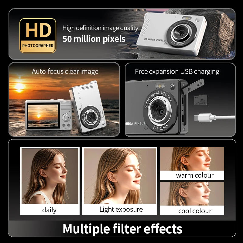 Beach Camp 4K Digital Cameras 50 MP Portable Vlogging Camera 16X Zoom Camcorder Camera 2.8 Inch LCD Screen for Photography and Video