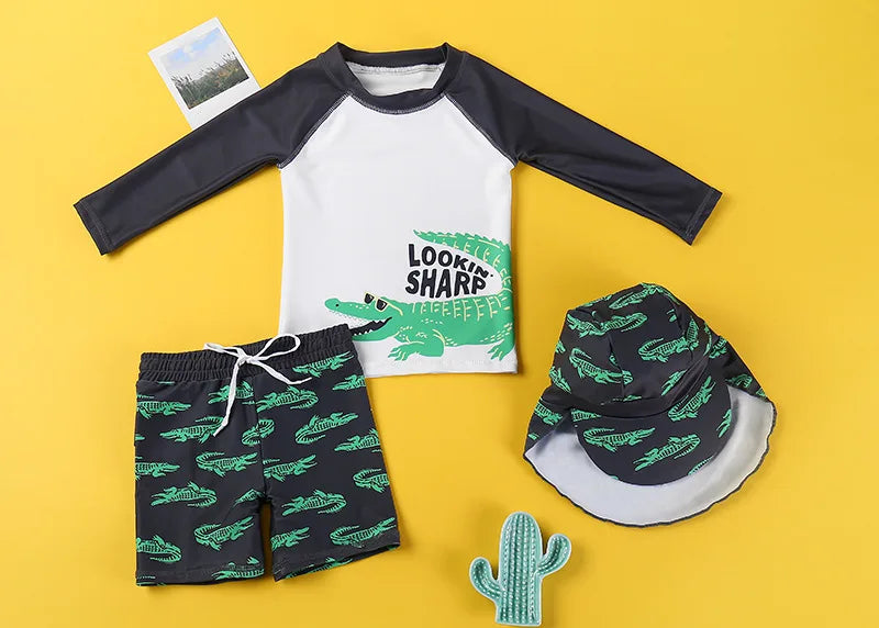 Beach Camp 2025 Summer Split Swimsuit Set Baby Boys Girls Long Sleeves/Short Sleeves Bathing Suit+Swim Shorts+Swimming Cap Three-piece Set