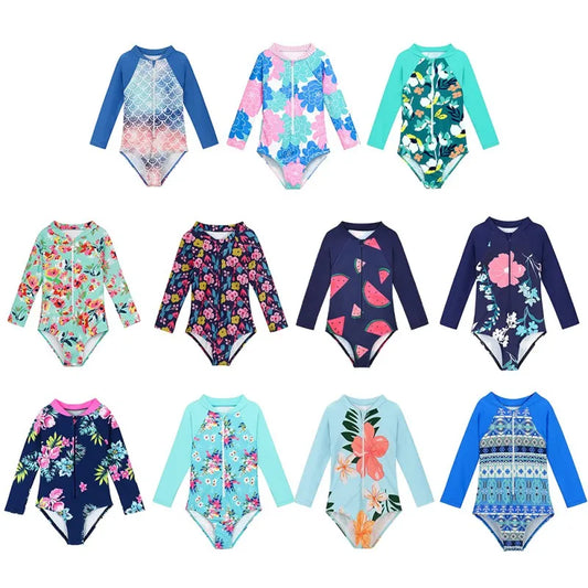 Beach Camp New Children Swimsuits Girls Fashion Designed Long Sleeve One-Piece Swimwear Toddler Kids Sun Protection Bathing Suits Beachwear