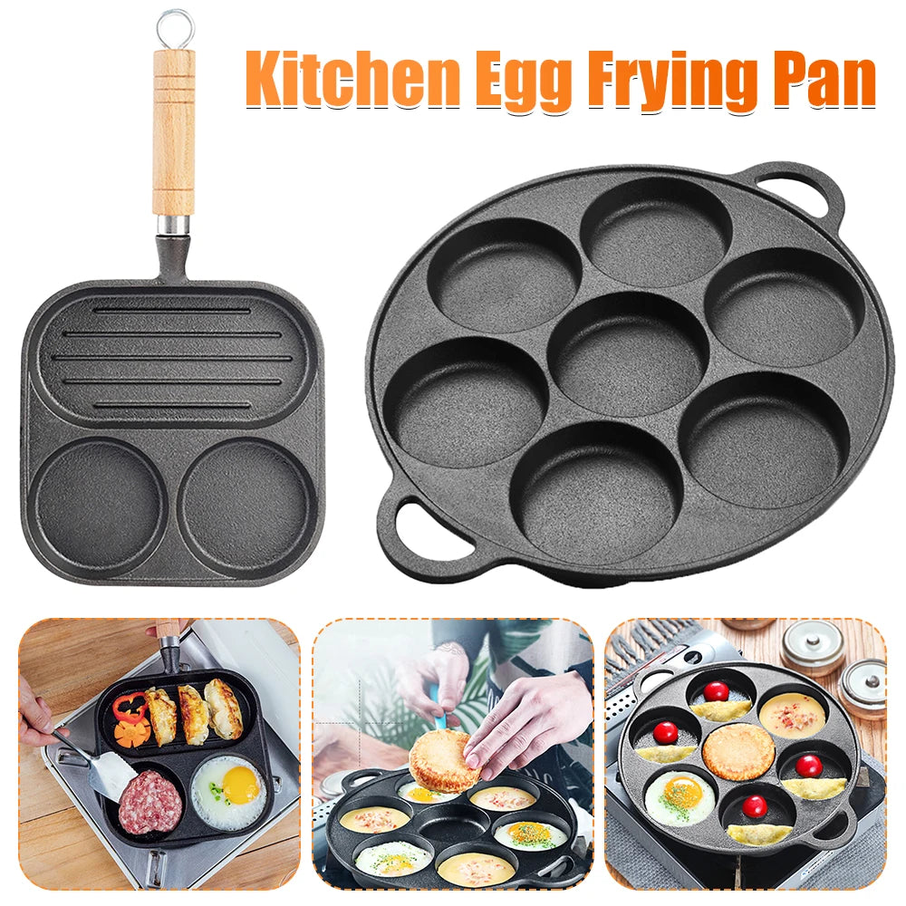 Beach Camp 7-3 Hole Non-Stick Kitchen Cooking Ham Pan Breakfast Maker Cookware Cast Iron Egg Pie Frying Pot Takoyaki Pan for Gas Stove