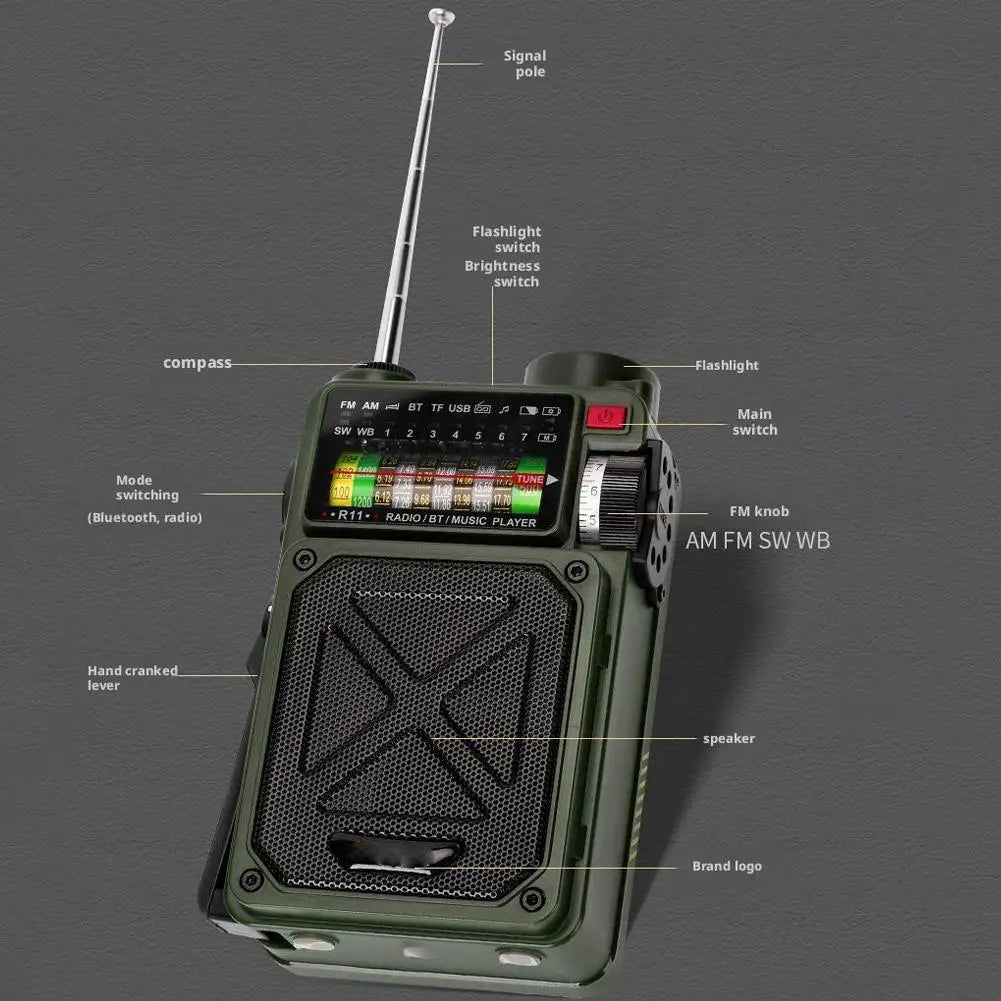 Beach Camp Hand Crank Solar Emergency Radio - Multi Band, Bluetooth, Outdoor Camping, Earthquake Preparedness