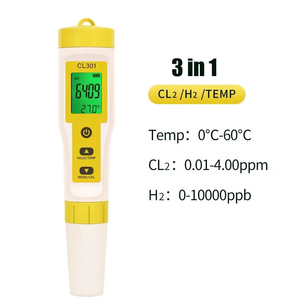 Beach Camp 5 in 1 Chlorine Meter PH/CL2/H2/ORP/Temperature Meter Water Quality Tester for Pools Drinking Water Aquarium Aquaculture