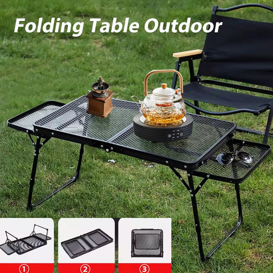 Beach Camp Camping Table Iron Mesh Folding Table Portable Outdoor Camping With Lifting Shelf Aluminium Alloy Dining Table