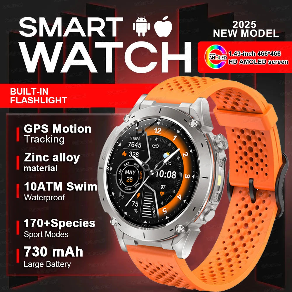 Beach Camp New GPS Smart Watch 1.43" Ultra HD Display Built-in GPS Compass 170 Sports Modes Voice Calling 10ATM Waterproof Smart Braceletes