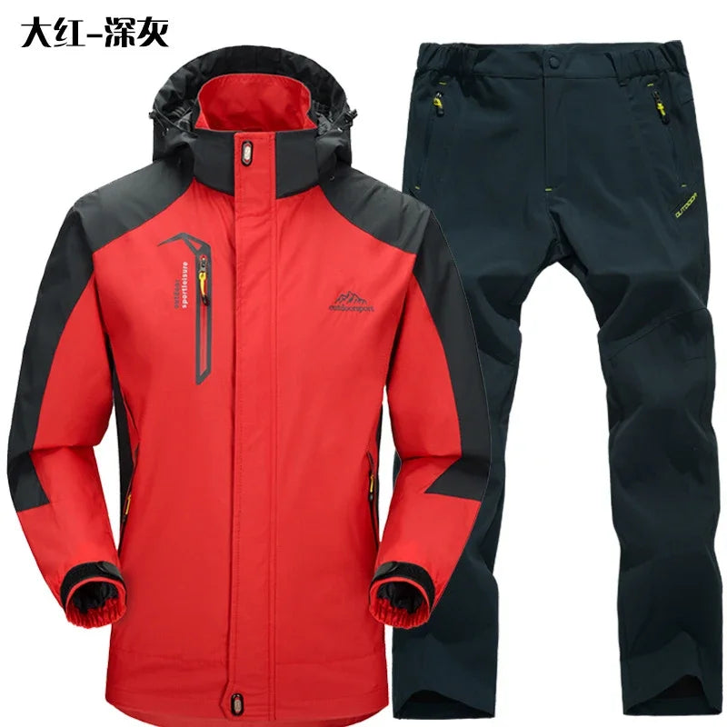Beach Camp Outdoor Jacket Pants Sets Men Fleece Thermal Waterproof Windproof Hooded Jackets Hiking Military Trip Mountain Camping Clothes