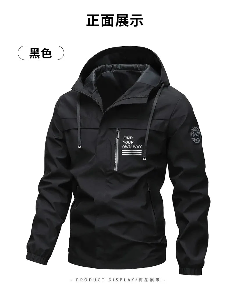Beach Camp Outdoor Men's Jacket Windbreaker Coats Brand Printed Detachable Cap Zipper Pocket Camping Clothing