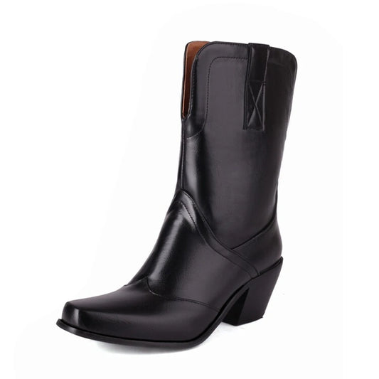 Botas De Mujer Western Cowboy Boots Retro Black Mid Calf Boots for Women Thick High Heels Goth Shoes  Big Size 34-48 777-11