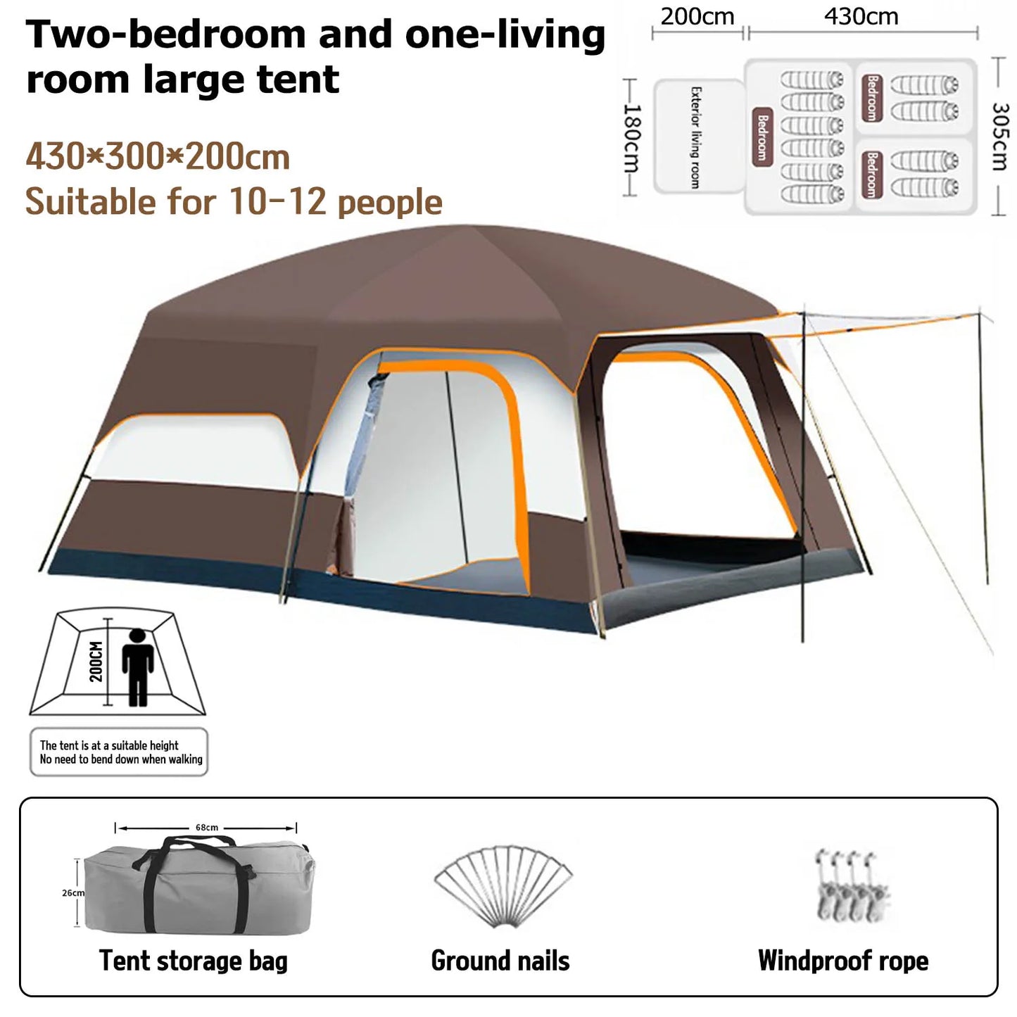 Beach Camp Outdoor Camping Family Tent, Thick Waterproof Family Camping Tour Equipment, Double Layer for 3-12 Persons, Oversized 2 Rooms