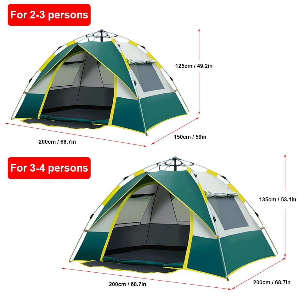 Beach Camp Outdoor Pop-Up Tent Waterproof Portable Instant Automatic Camping Tent for 2-3/3-4 Person Family Tent Camping Backpacking 2024