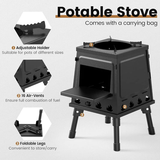 Beach Camp Stove Camping Wood Stove, Portable Wood Burning Stove, Backpacking Folding Camp Tent Heat Mini Outdoor Stove with Carrying Bag, for Co