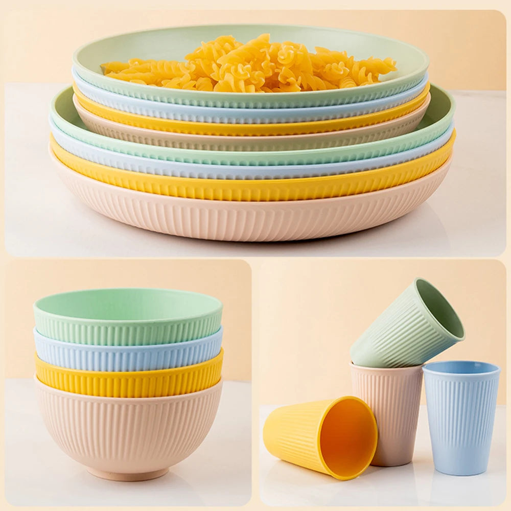 24Pcs Plastic Dining Plate Bowl Cup Tableware Set for 6 People Dinner Dessert Plate Set Outdoor Camping Party