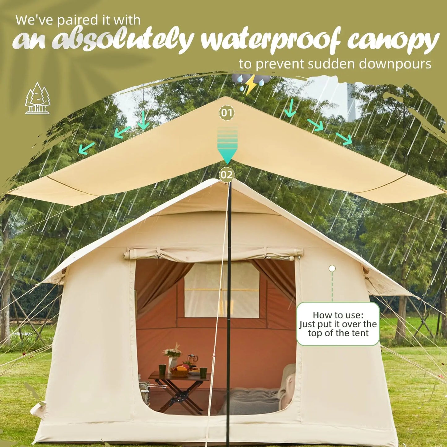 Beach Camp 129SqFt Large Inflatable Tent for Camping, blow up Tents with Canopy, Inflatable House Tent with Stove Jack,4 Season Glamping Tent