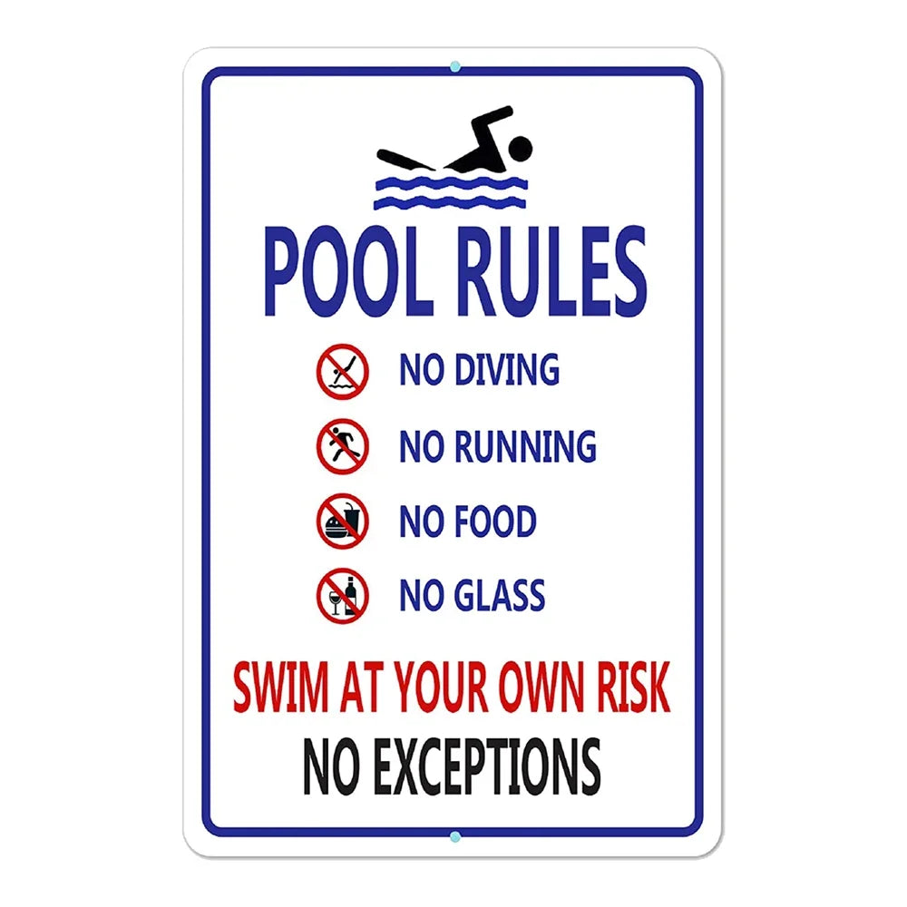 Beach camp Pool Rules Sign for Outdoor, Backyard Metal Swimming Pool Sign, No Diving No Running No Peeing No Lifeguard on Duty Sign