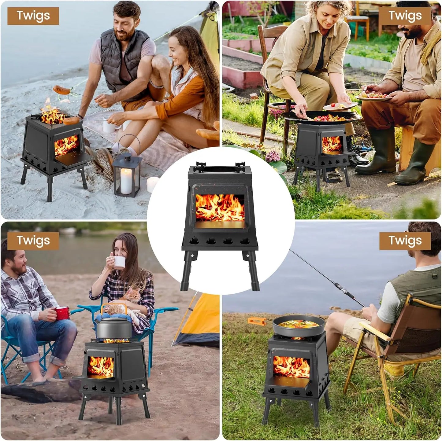 Beach Camp Stove Camping Wood Stove, Portable Wood Burning Stove, Backpacking Folding Camp Tent Heat Mini Outdoor Stove with Carrying Bag, for Co