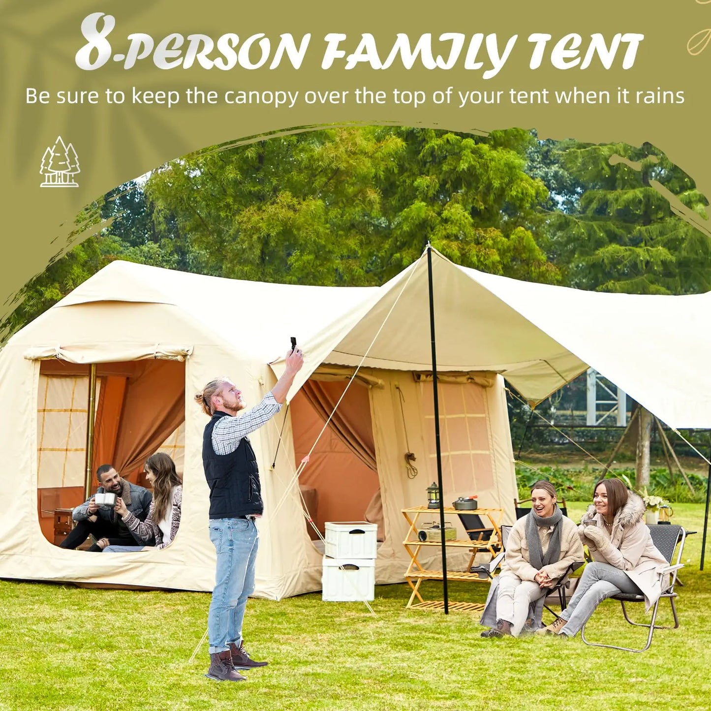 Beach Camp 129SqFt Large Inflatable Tent for Camping, blow up Tents with Canopy, Inflatable House Tent with Stove Jack,4 Season Glamping Tent