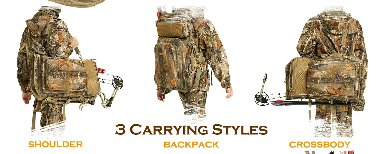 Beach Camp Bow Hunting Backpack for Men, Camo Compound Bag & Tree Saddle Back Pack with Bow Holder, for Elk Turkey Bear Deer