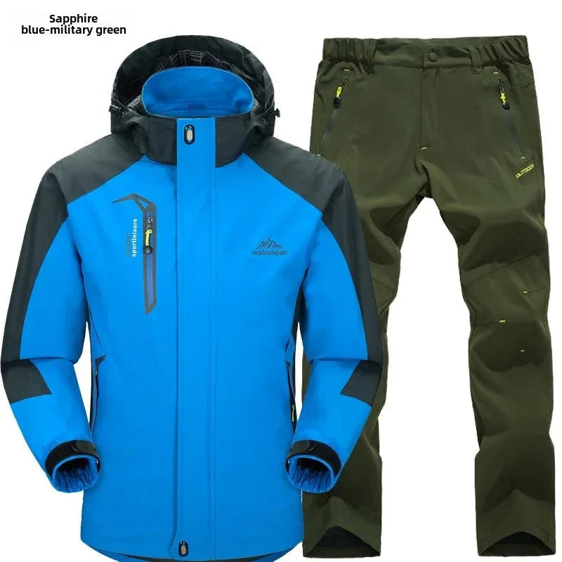 Beach Camp Outdoor Jacket Pants Sets Men Fleece Thermal Waterproof Windproof Hooded Jackets Hiking Military Trip Mountain Camping Clothes