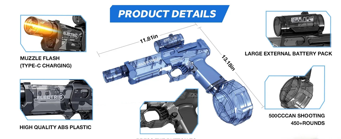 Battle Electric Water Guns，with Gun Muzzle Flame High Capacity Squirt Guns Summer Outdoor Beach Toy for Adult（blue、gray and Red）