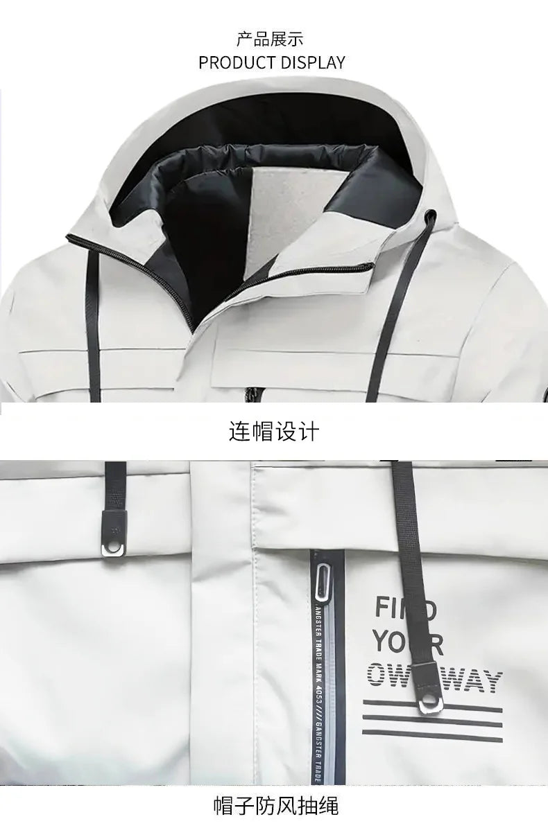 Beach Camp Outdoor Men's Jacket Windbreaker Coats Brand Printed Detachable Cap Zipper Pocket Camping Clothing
