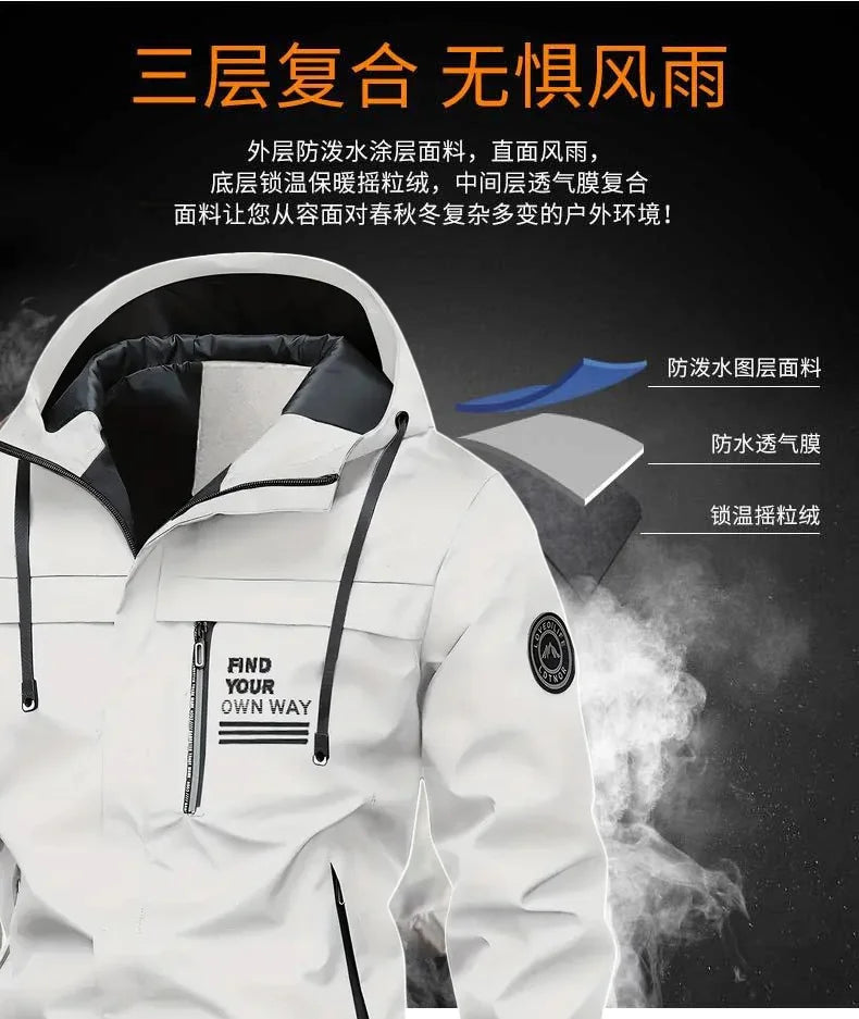 Beach Camp Outdoor Men's Jacket Windbreaker Coats Brand Printed Detachable Cap Zipper Pocket Camping Clothing