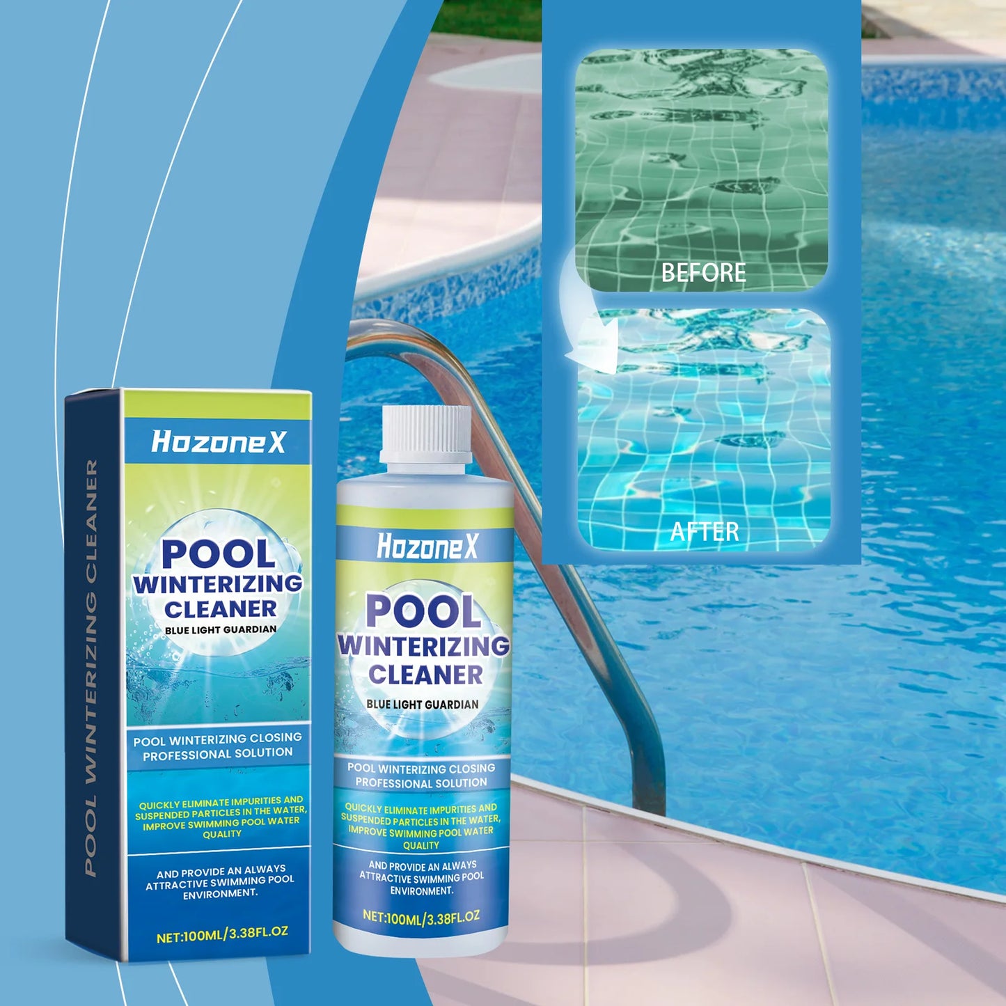 Beach Camp Swimming pool clarifier; used to improve the water quality of public outdoor swimming pools in the home.