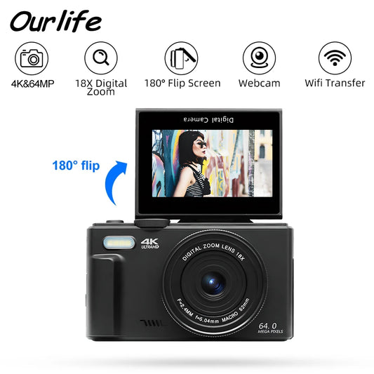 Beach Camp Compact Digital Photography Camera 4K 18X Digital Zoom Vintage Vlog Video Recorder YouTube 180° Flip Screen Selfile WiFi Web Cam