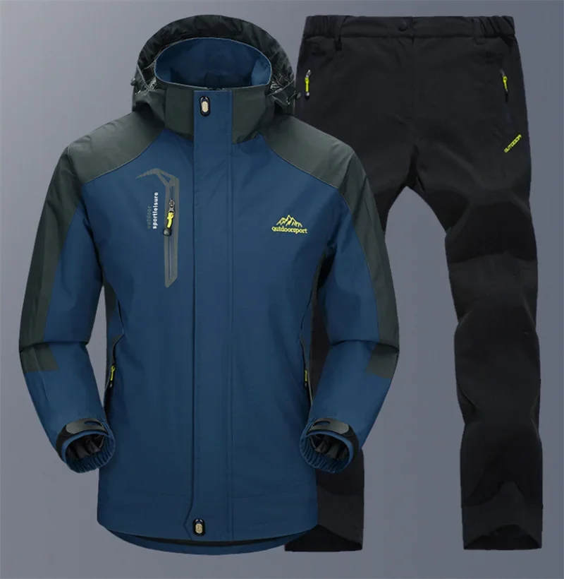 Beach Camp Outdoor Jacket Pants Sets Men Fleece Thermal Waterproof Windproof Hooded Jackets Hiking Military Trip Mountain Camping Clothes