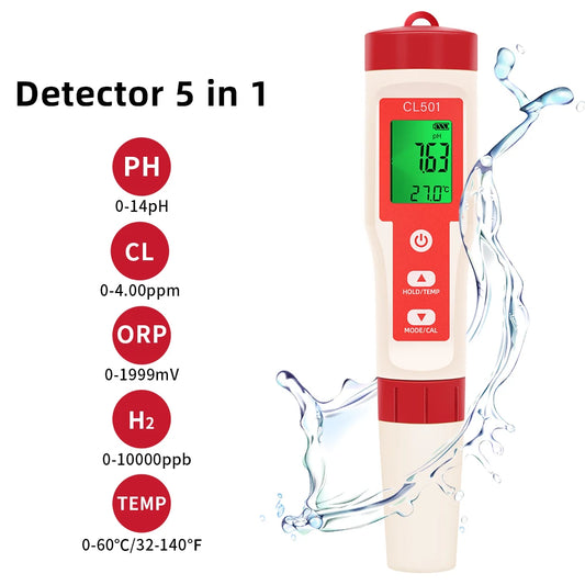 Beach Camp 5 in 1 Chlorine Meter PH/CL2/H2/ORP/Temperature Meter Water Quality Tester for Pools Drinking Water Aquarium Aquaculture