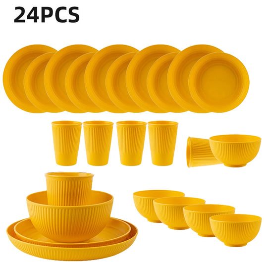 24Pcs Plastic Dining Plate Bowl Cup Tableware Set for 6 People Dinner Dessert Plate Set Outdoor Camping Party