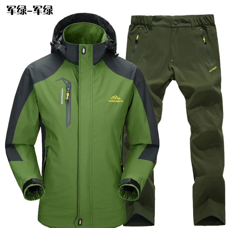 Beach Camp Outdoor Jacket Pants Sets Men Fleece Thermal Waterproof Windproof Hooded Jackets Hiking Military Trip Mountain Camping Clothes