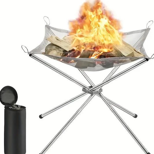 Beach Camp Folding Portable Steel Mesh Camping Fire Pit, Outdoor Wood Burning Bonfires Rack, Stainless Steel Fire Pit, with Carrying Bag