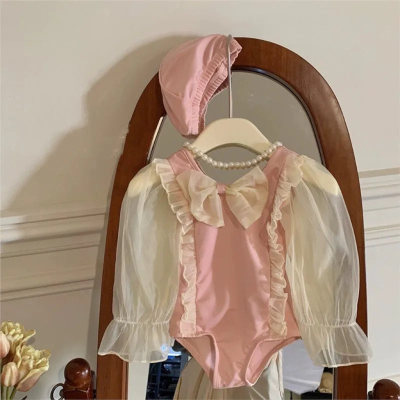 Beach Camp Baby Girl Swimsuit Infant Toddler Child Swimwear Cap 2PCS Puff Sleeve Swimsuit Bow Gauze Bathing Suit Baby Clothes 1-10Y