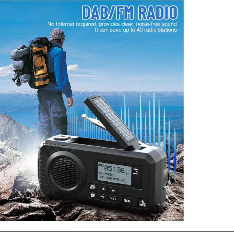 Beach Camp DAB+ Portable Hand Crank Radio Emergency Radio Solar Emergency Radio with BT FM SOS Alarm 5000 mAh  Power Bank and reading lamp