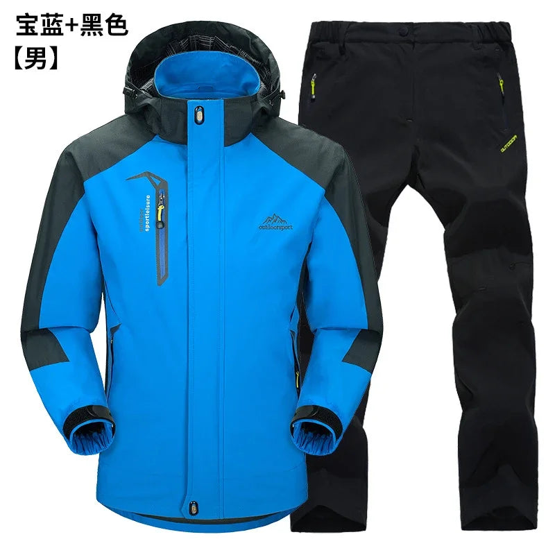 Beach Camp Outdoor Jacket Pants Sets Men Fleece Thermal Waterproof Windproof Hooded Jackets Hiking Military Trip Mountain Camping Clothes