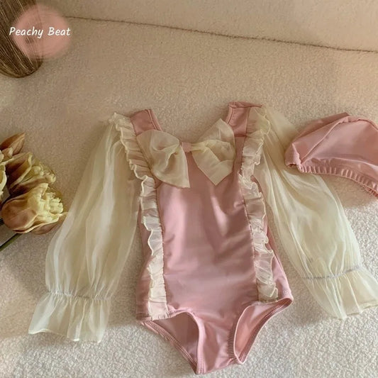 Beach Camp Baby Girl Swimsuit Infant Toddler Child Swimwear Cap 2PCS Puff Sleeve Swimsuit Bow Gauze Bathing Suit Baby Clothes 1-10Y
