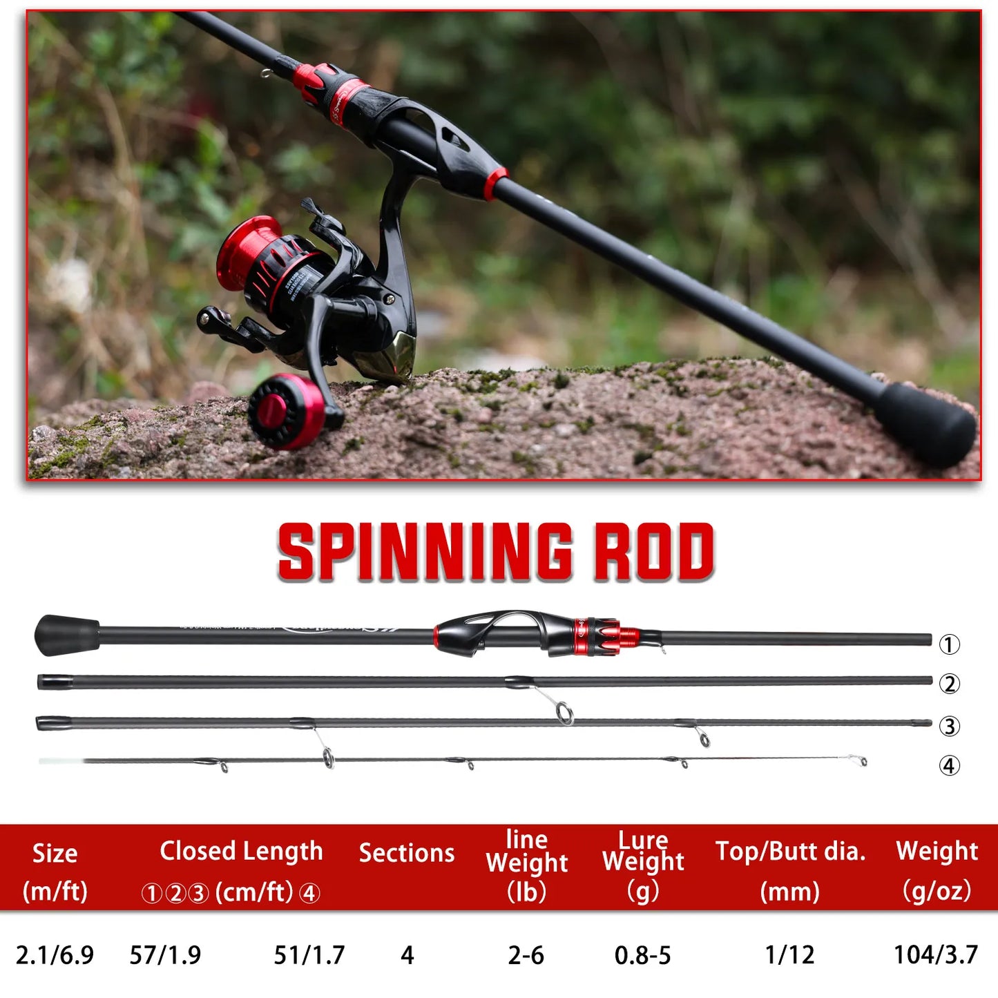 Beach Camp Casting Spinning Fishing Rod 2.1m UltraLight Carbon Fiber Rod Pole 4 Section with EVA Handle 0.8-5g Lure Weight